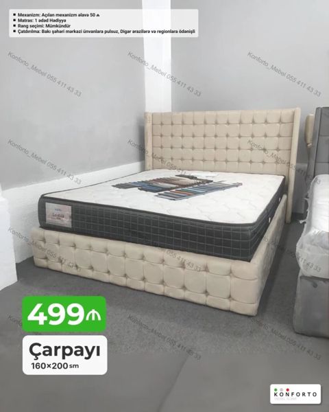 Çarpayı – 160×200 sm - Yumşaq başlıq və baza hissəsi ilə taxtalı
