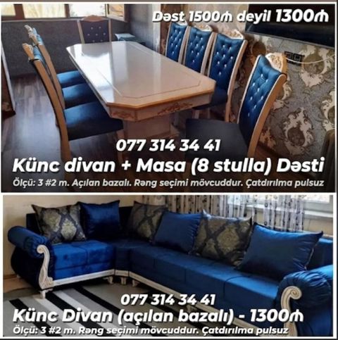 Künc divan + Masa (8 stulla) dəsti - Ölçü: 3×2 m - Künc divan — Ucuz serfeli Mebel — Soft furniture sets
