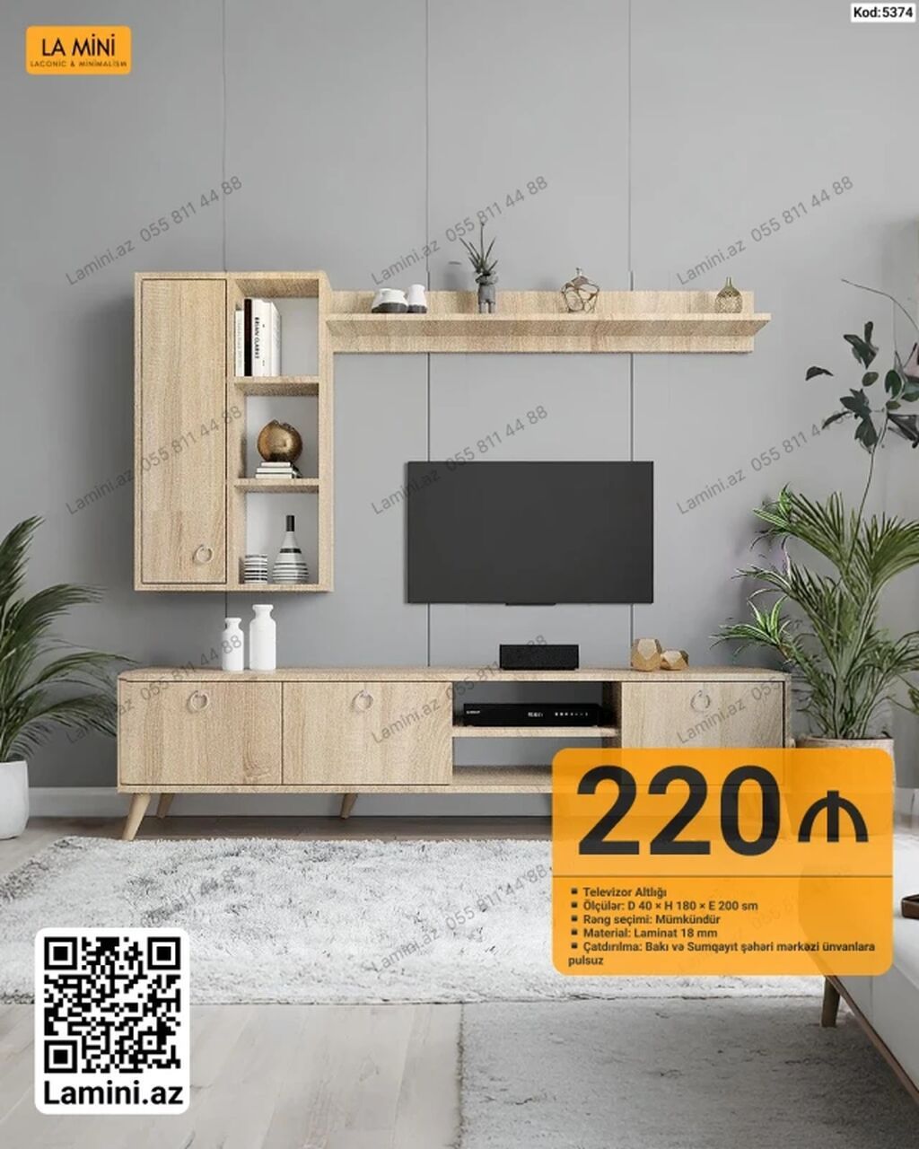 TV altlığı və divar modulu dəsti - Kod: 5374 - Ölçülər: D 40 × H 180 — Mebel, Bakı