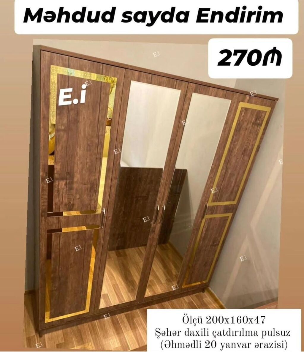 Məhdud sayda endirim! 3 qapılı paltar şkafı – güzgülü orta bölmə