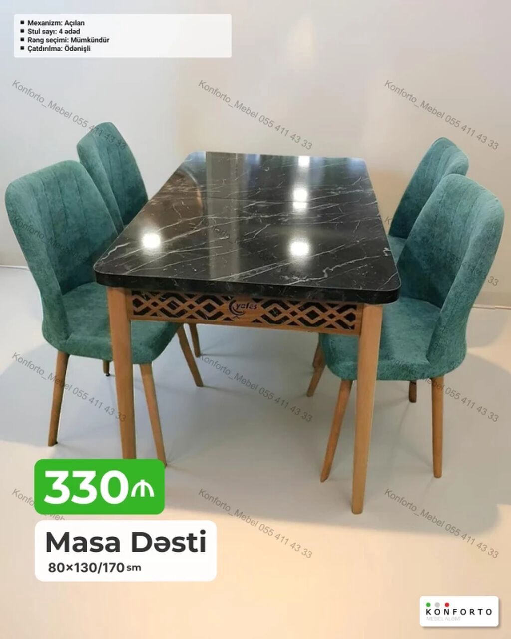 Masa Dəsti – 80×130/170 sm - Açılan mexanizmli masa: standart ölçü