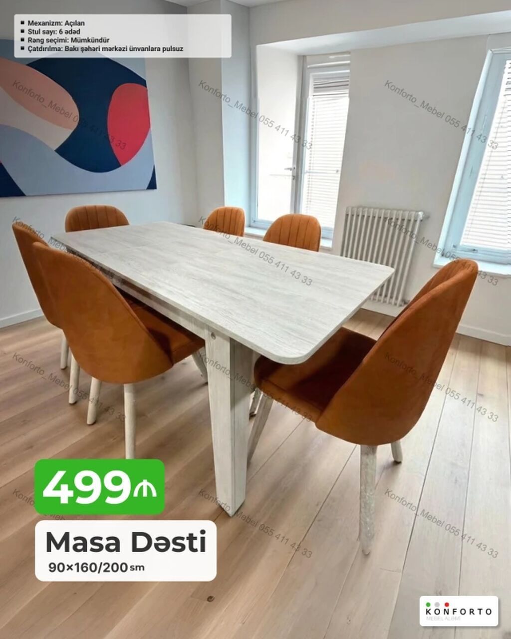 Masa Dəsti – 90×160/200 sm - Açılan mexanizmli masa: 160 sm-dən 200 — Mebel, Bakı