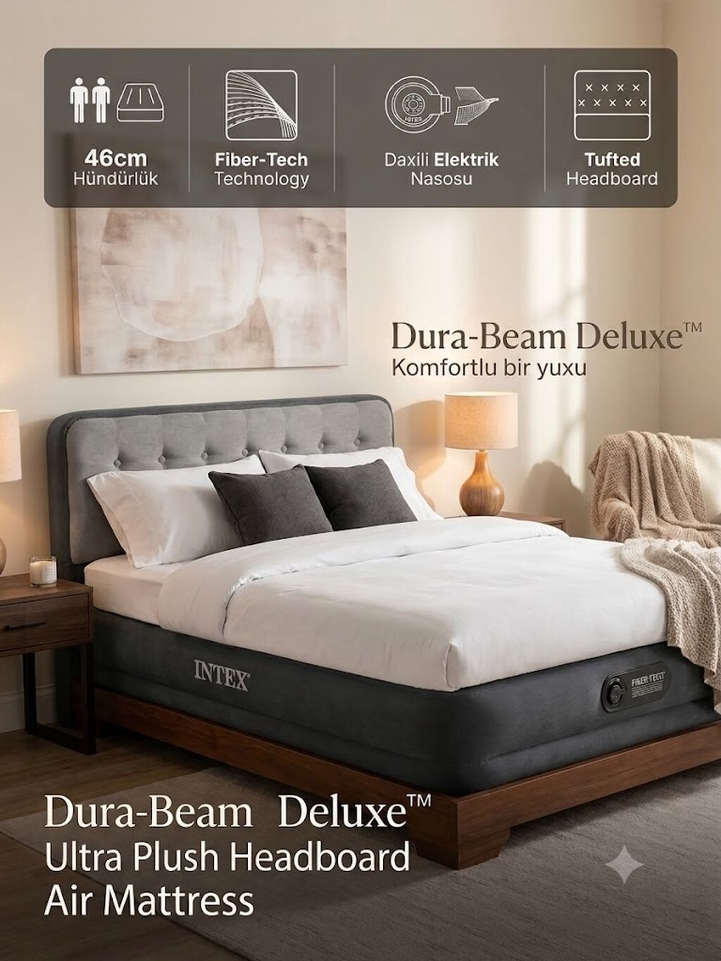 Intex Dura-Beam Deluxe Ultra Plush Air Mattress 152x203 sm — Yataq mobilyası, Bakı (3)