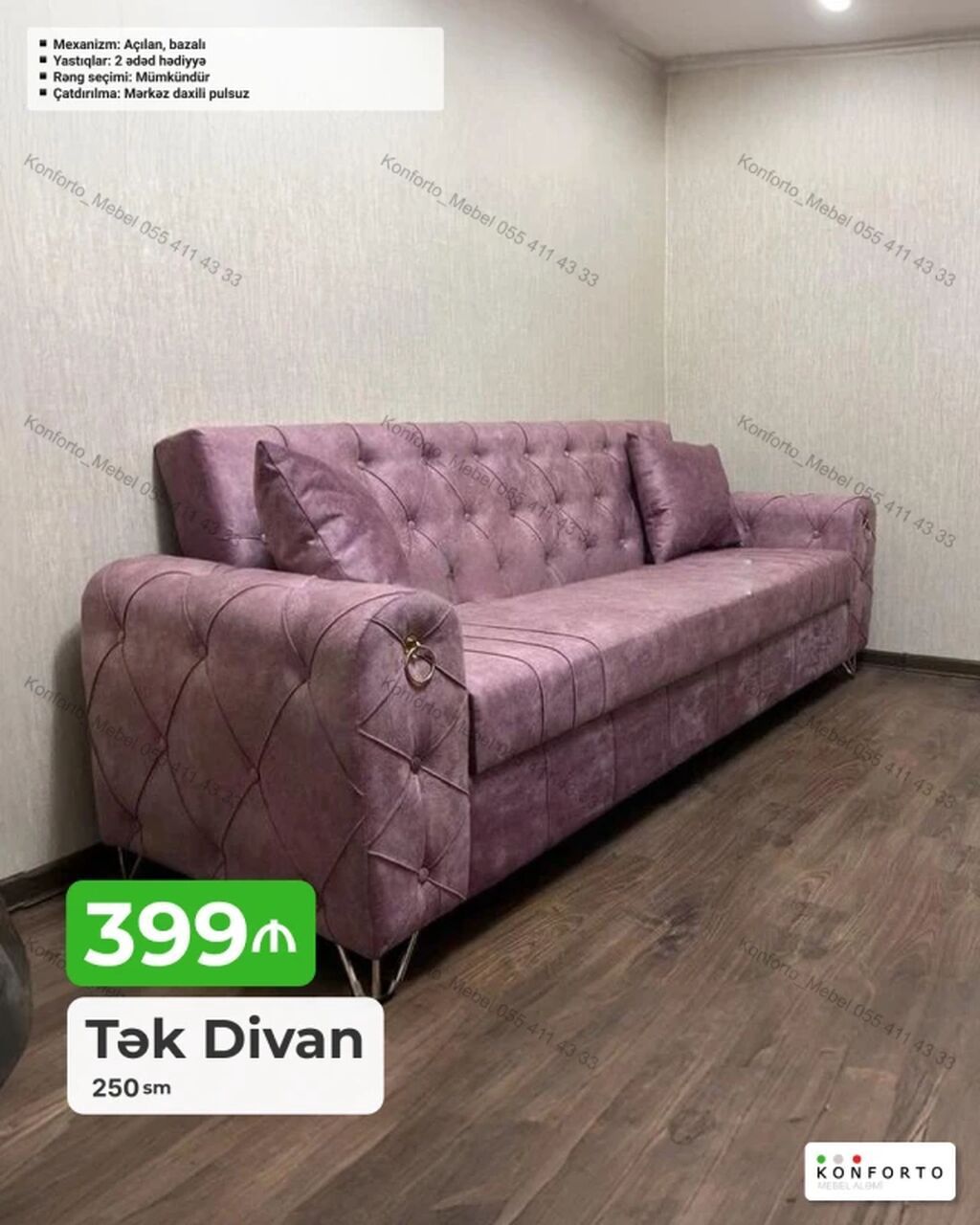 Tək Divan – 250 sm - Mexanizm: açılan, bazalı (yataq funksiyalı) - — Mebel, Bakı