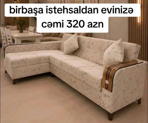 Künc divan – yumşaq parça üzlüklə, açıq bej rəngdə xırda naxışlı
