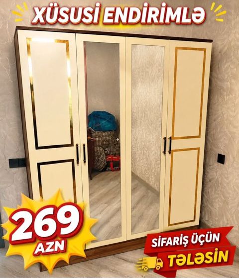 Dörd qapılı geyim dolabı — klassik dizayn, krem rəng, güzgülü qapılar