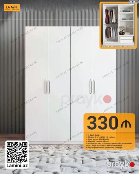 4 qapılı qarderob – Kod: 5391 - Ölçü: D 47 H 200 E 160 sm — Bakı