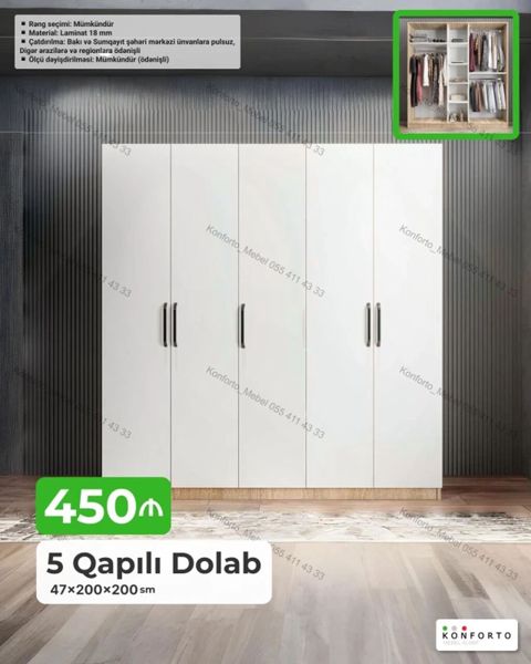 5 qapılı paltar dolabı Ölçü: 47×200×200 sm Material: 18 mm laminat