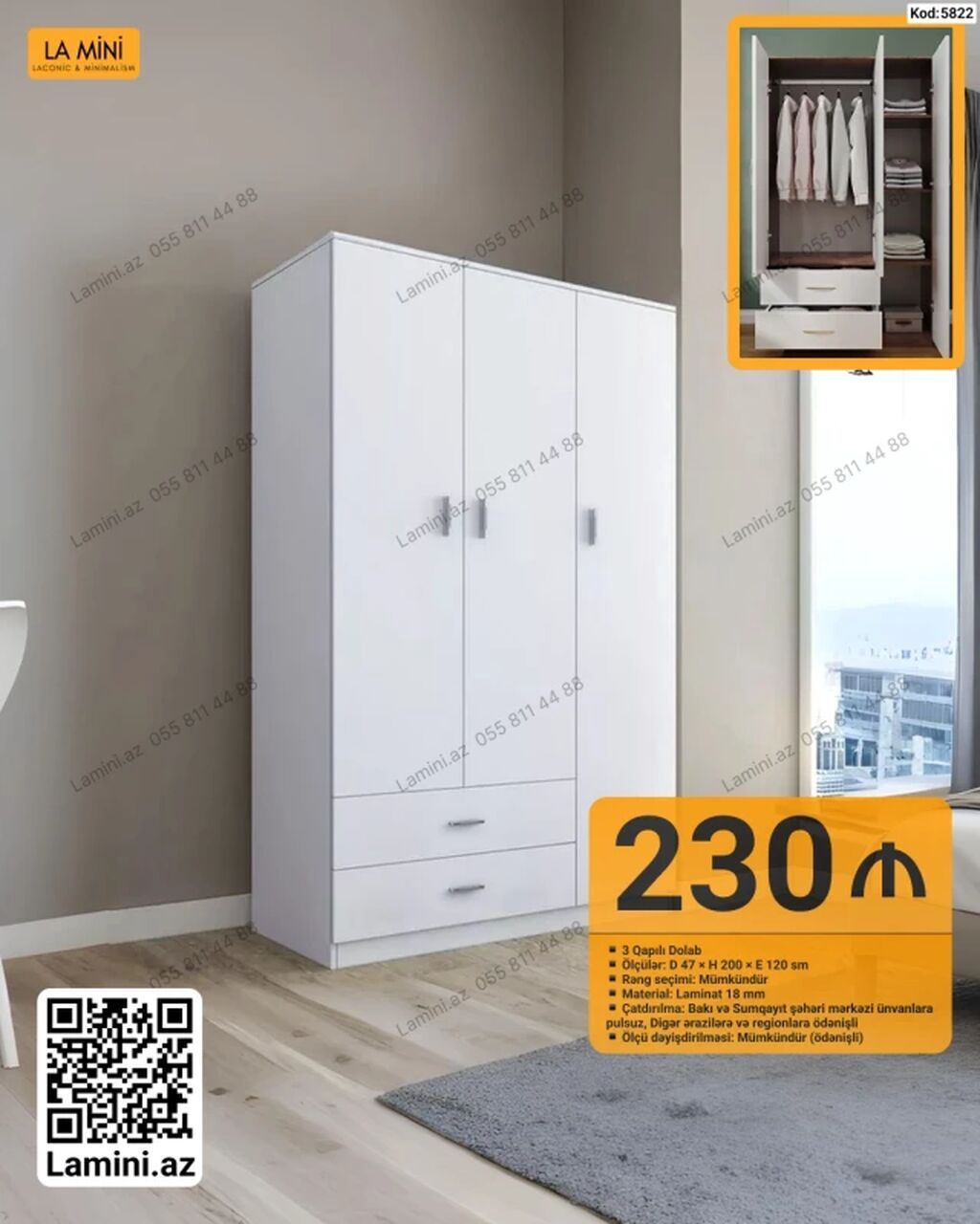 3 qapılı paltar dolabı – minimal dizayn, geniş tutum - Ölçülər: 47 d — Mebel, Bakı