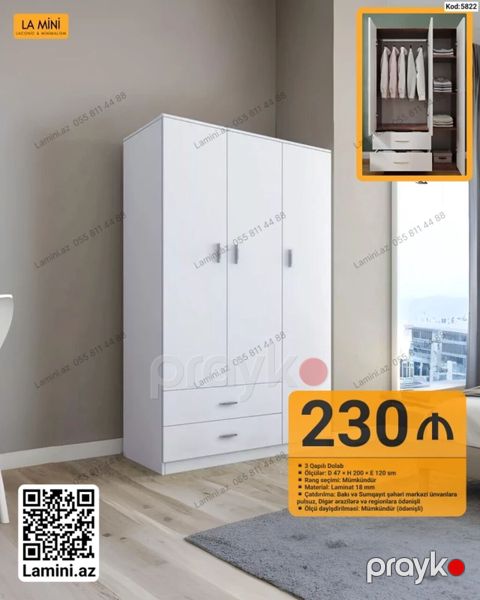 3 qapılı ağ dolab (Kod: 5822) - Ölçü: 47 d 200 h 120 sm — Bakı