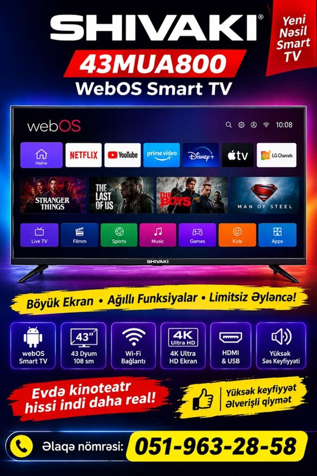 SHIVAKI 43MUA800 WebOS Smart TV - 43" (108 sm) böyük ekran - WebOS — Televizorlar, Bakı
