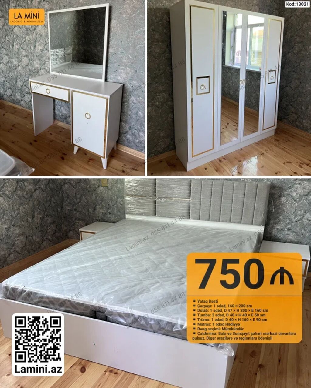 Yataq Dəsti – Kod: 13021 Komplektə daxildir: - Çarpayı: 1 ədəd, 160 × — Mebel, Bakı