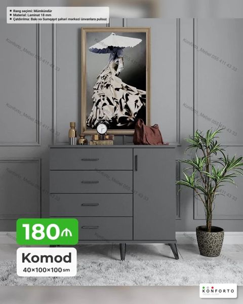 Komod – 40×100×100 sm - Minimalist dizayna malik, tünd boz rəngdə