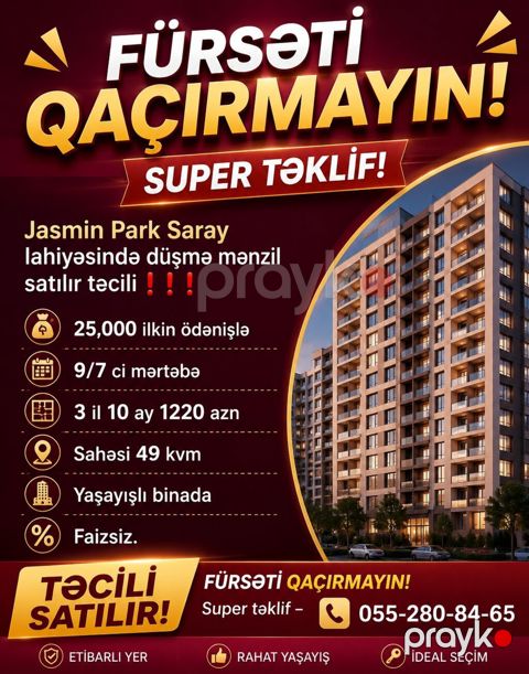 Saray, 2 otaqlı, Yeni tikili, 49 kv. m