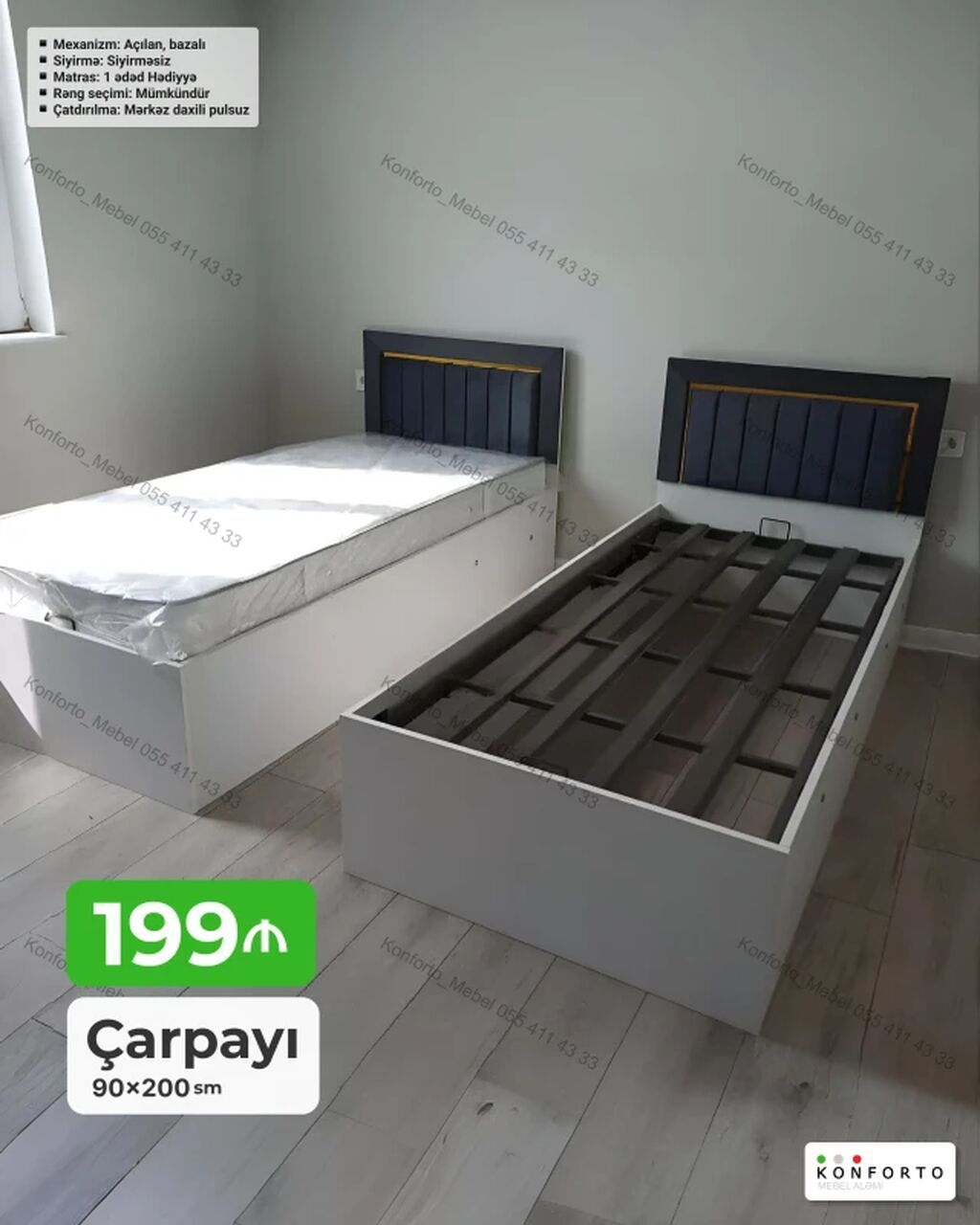 Çarpayı 90×200 sm — açılan mexanizmlə, saxlama bölməsi
