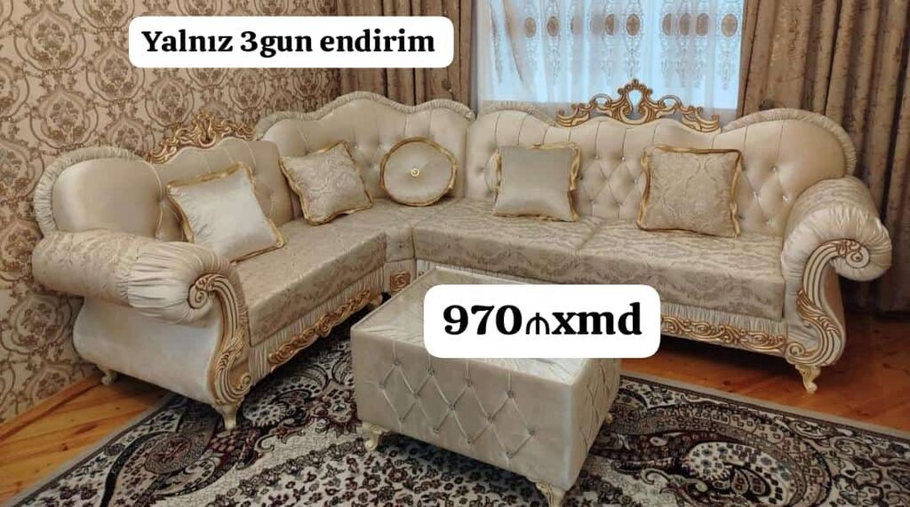 Klassik üslubda künc dəst – krem rəngli, qızılı oyma dekorlu. Dəst — Divanlər, Bakı