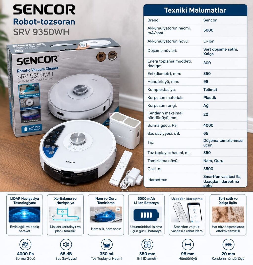 **SENCOR SRV 9350WH robot-tozsoran** SENCOR markalı SRV 9350WH model — Elektronika, Sumqayıt (2)