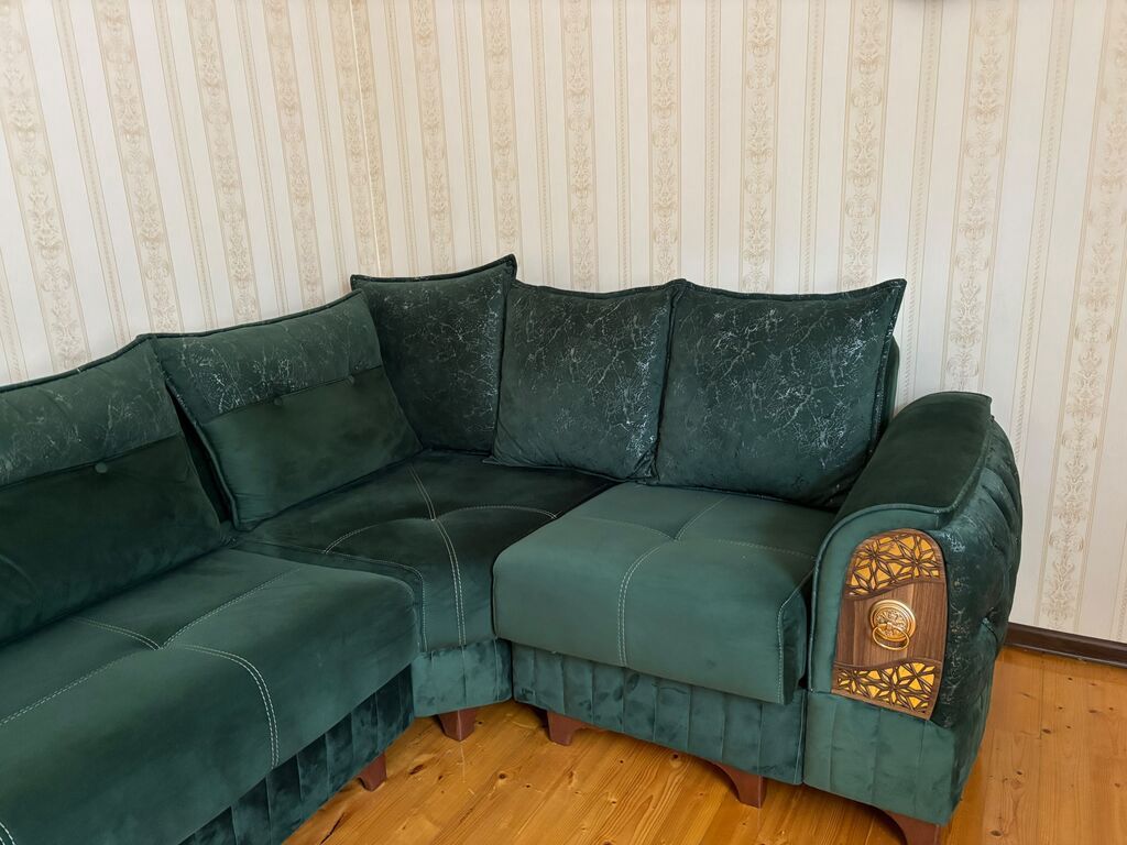 Zavod istehsalı L formalı künc divan - Rəng: tünd yaşıl (emerald — Mebel, Ağcabədi (2)