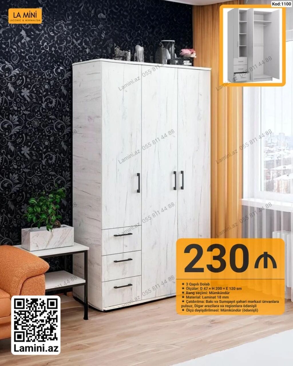 3 qapılı dolab - Ölçülər: Dərinlik 47 sm × Hündürlük 200 sm × En 120