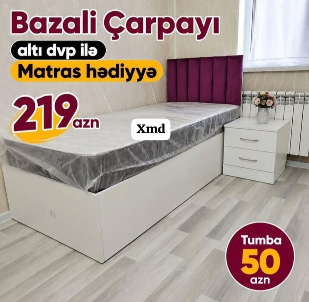 Bazalı tək nəfərlik çarpayı – altında DVP əsaslı saxlama bölməsi — Mebel, Xırdalan