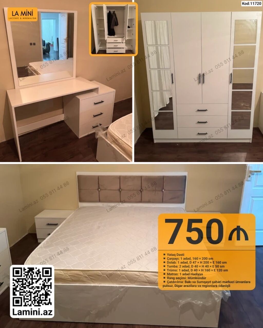 Yataq Dəsti – Kod: 11720 Tərkibi: - Çarpayı: 1 ədəd, 160 x 200 sm - — Mebel, Bakı