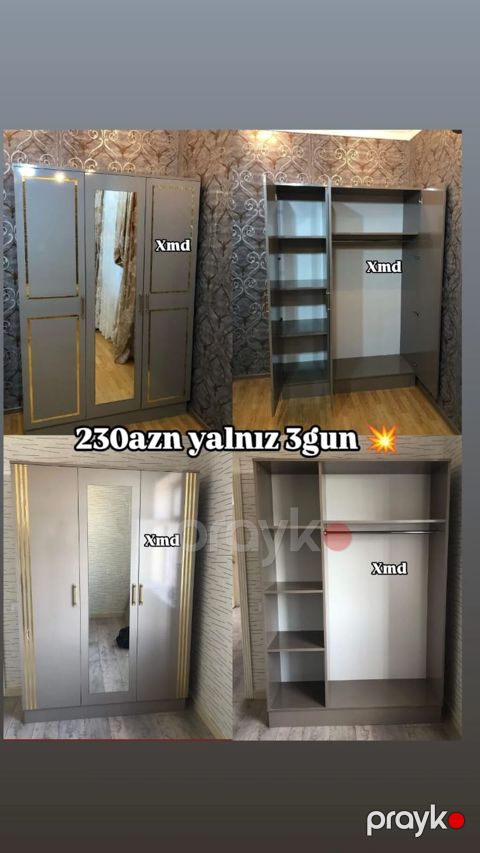 Üç qapılı paltar şkafı - Rəng: boz, qızılı dekor xətləri - Ön qapıda