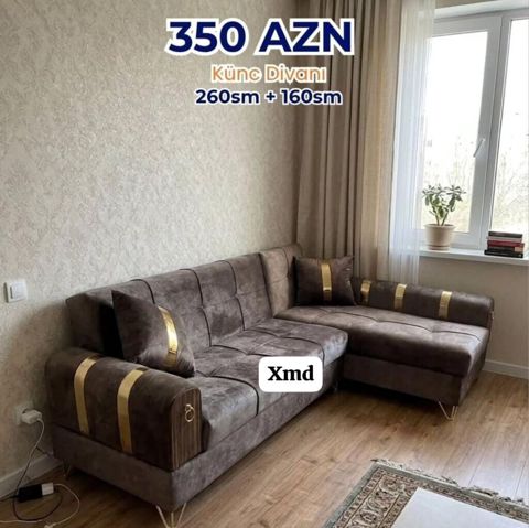 Künc divanı – 260 sm + 160 sm - Rəng: tünd qəhvəyi - Parça: yumşaq
