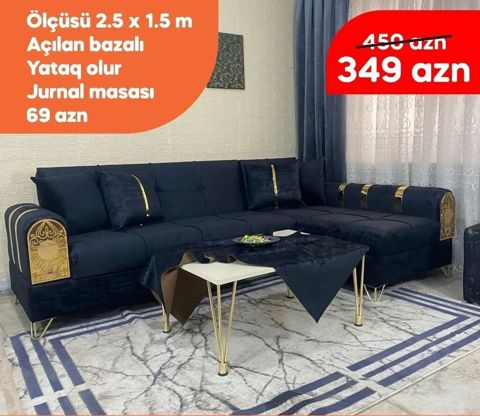 Künc divan — açılan, bazalı, 2.5x1.5 m, qara/qızılı