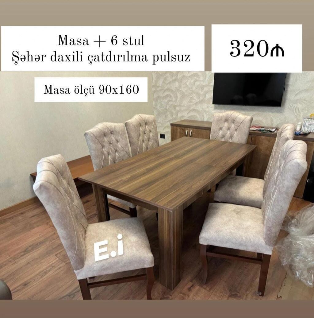 Masa + 6 stul dəsti - Masa ölçüsü: 90x160 sm - Komplekt: 1 masa, 6