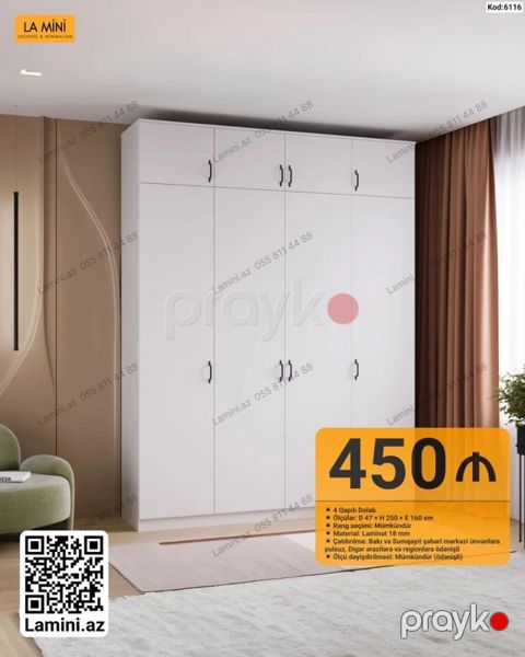 4 qapılı dolab - Ölçülər: D 47 H 250 E 160 sm - Rəng seçimi — Bakı