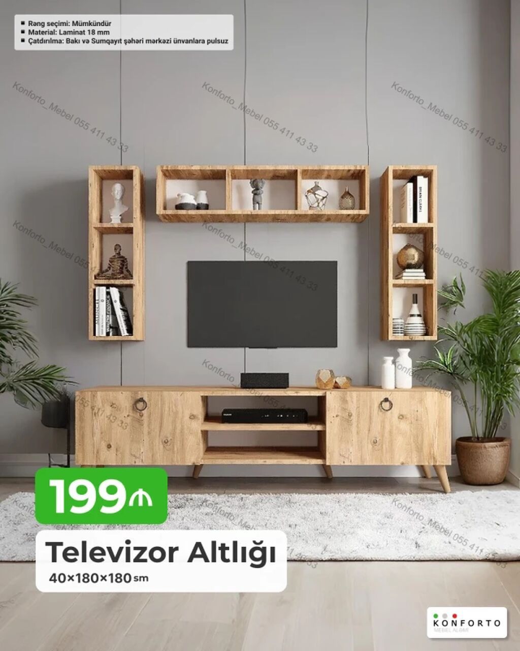Televizor altlığı və üst divar rəfləri dəsti - Ölçü: 40 × 180 × 180