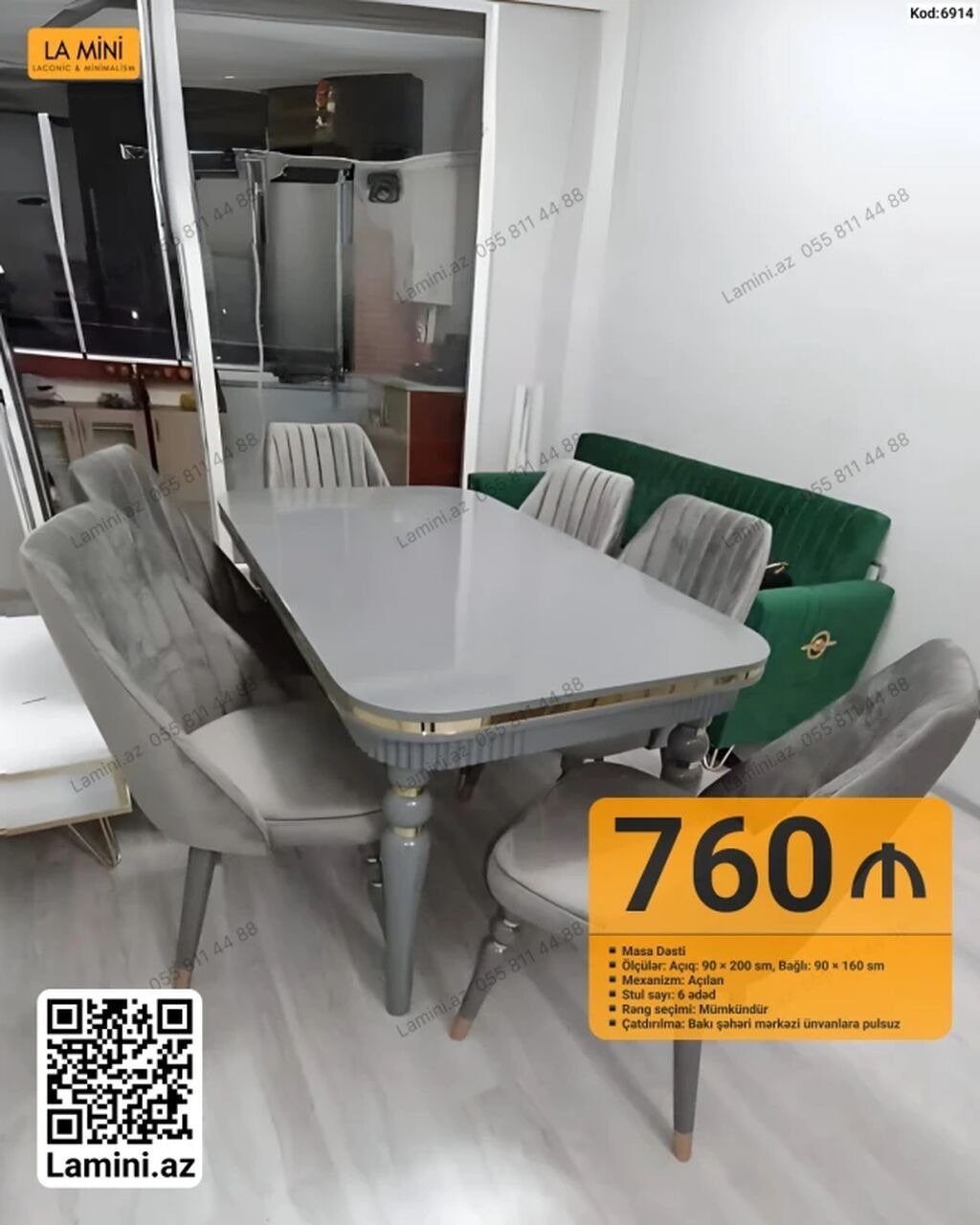 Masa dəsti – açılan mexanizmli, 6 stul ilə - Ölçülər: açıq 90×200 sm — Mebel, Bakı