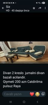 Divan dəsti: 1 divan, 2 kreslo və jurnal masası. Divan bazalıdır və — Mebel