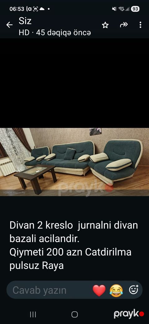 Divan dəsti: 1 divan, 2 kreslo və jurnal masası. Divan bazalıdır və