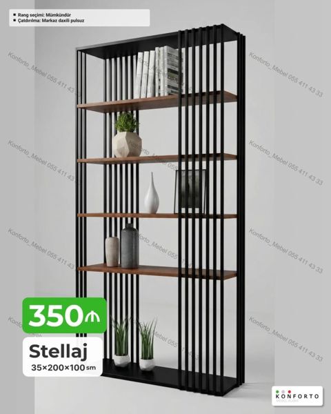 Stellaj – 35×200×100 sm - Material: Qara metal karkas, taxta rəf