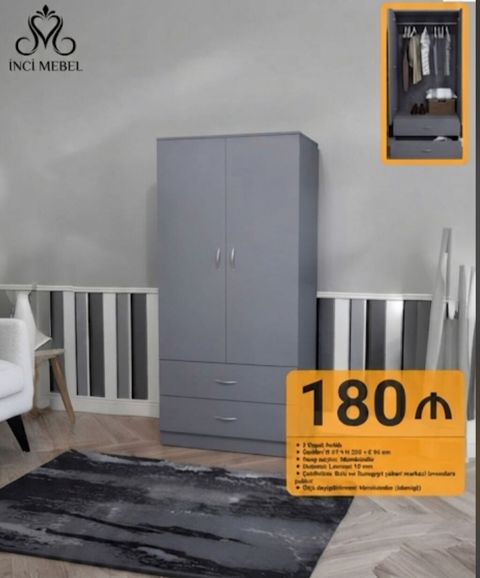 Yeni, 2 qapılı, Siyirməli, Boz, Açılan, Düz dolab — İnci mebel — Şkaflar