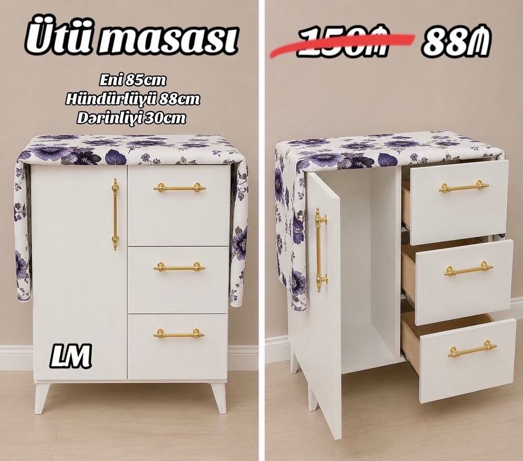 Ütü masası – dolablı model Variant 1 (ağ, qızılı tutacaqlar): -