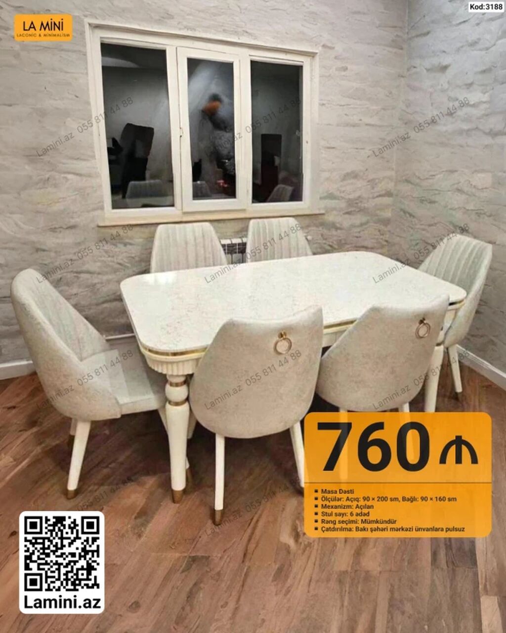 Masa dəsti – kod: 3188 - Komplekt: 1 açılan masa + 6 ədəd stul - — Mebel, Bakı