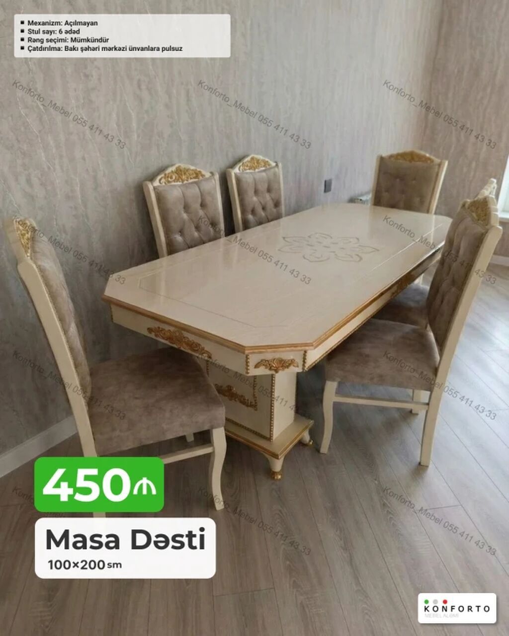 Klassik üslubda zövqlü Masa Dəsti - Ölçü: 100×200 sm - Masa — Mebel, Bakı