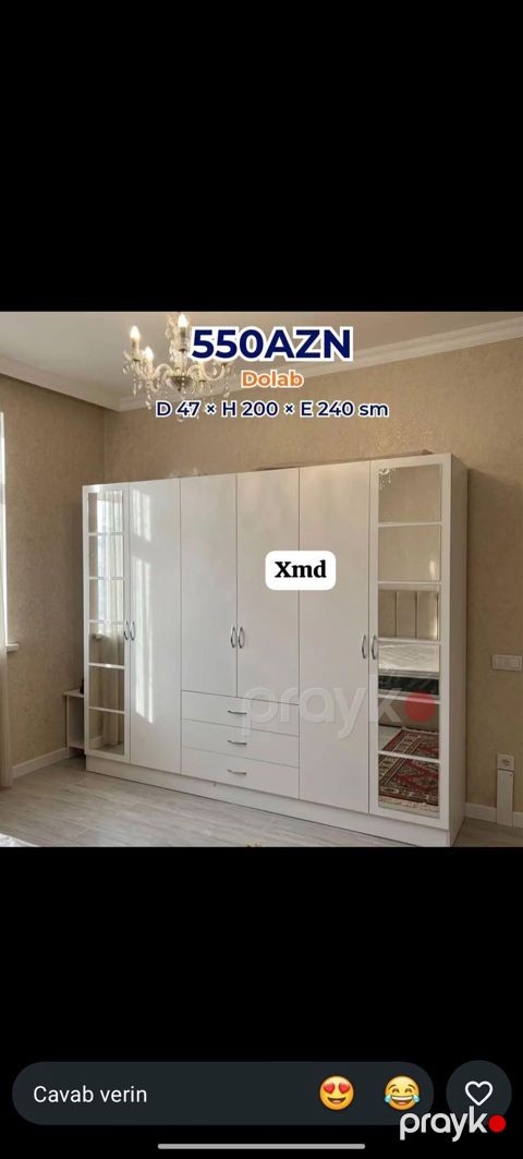 Yeni, 5 qapı, Güzgülü, Ağ, Taxta, Açılan, Düz dolab