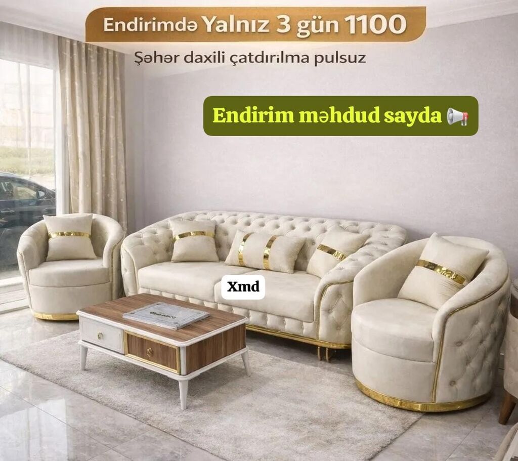 - 3 hissəli salon dəsti: 1 ədəd üçlü divan + 2 ədəd kreslo - Rəng — Mebel, Xırdalan