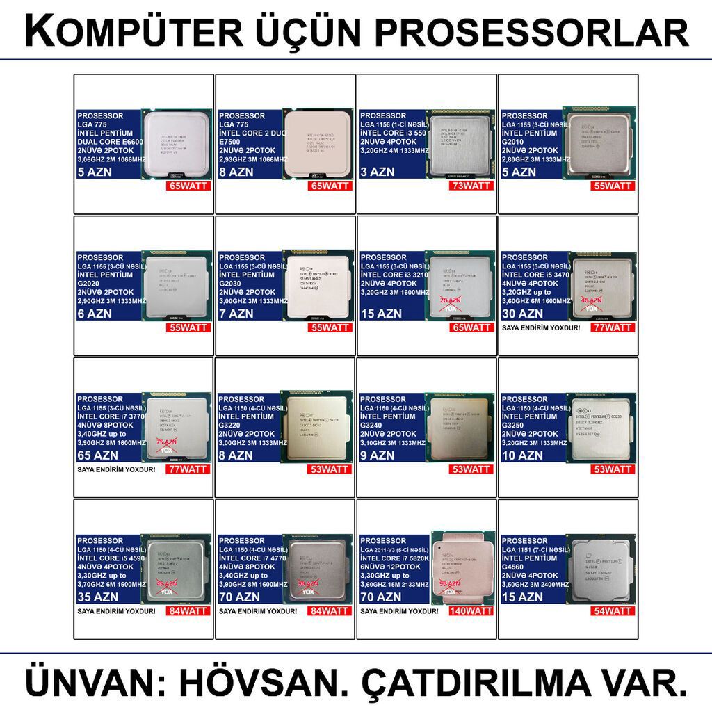 Kompüter üçün Prosessorlar 📍Ünvan: Bakı şəh, Suraxanı ray, Hövsan qəs