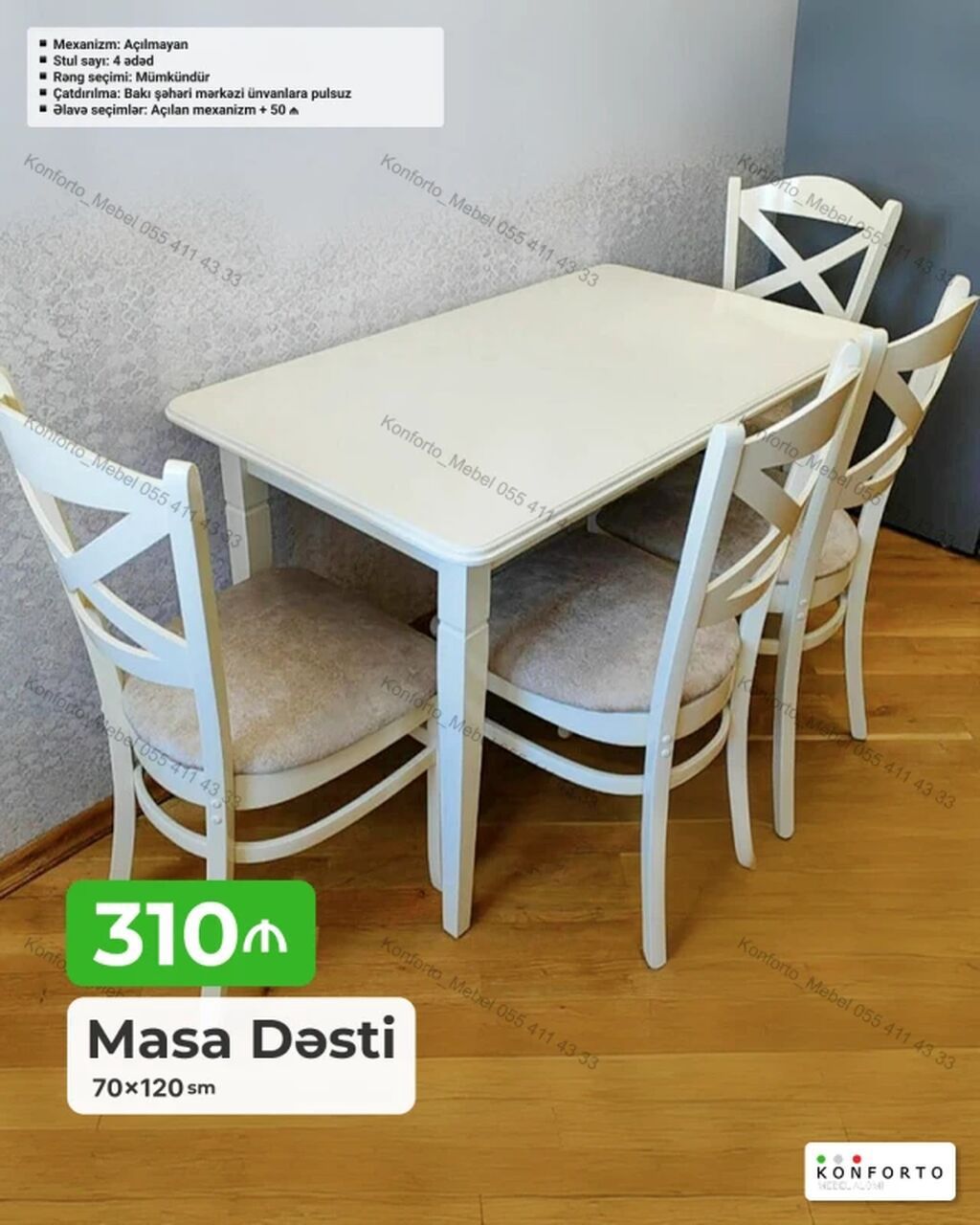 Masa dəsti – 70×120 sm - Komplekt: 1 ədəd masa + 4 ədəd stul - — Mebel, Bakı