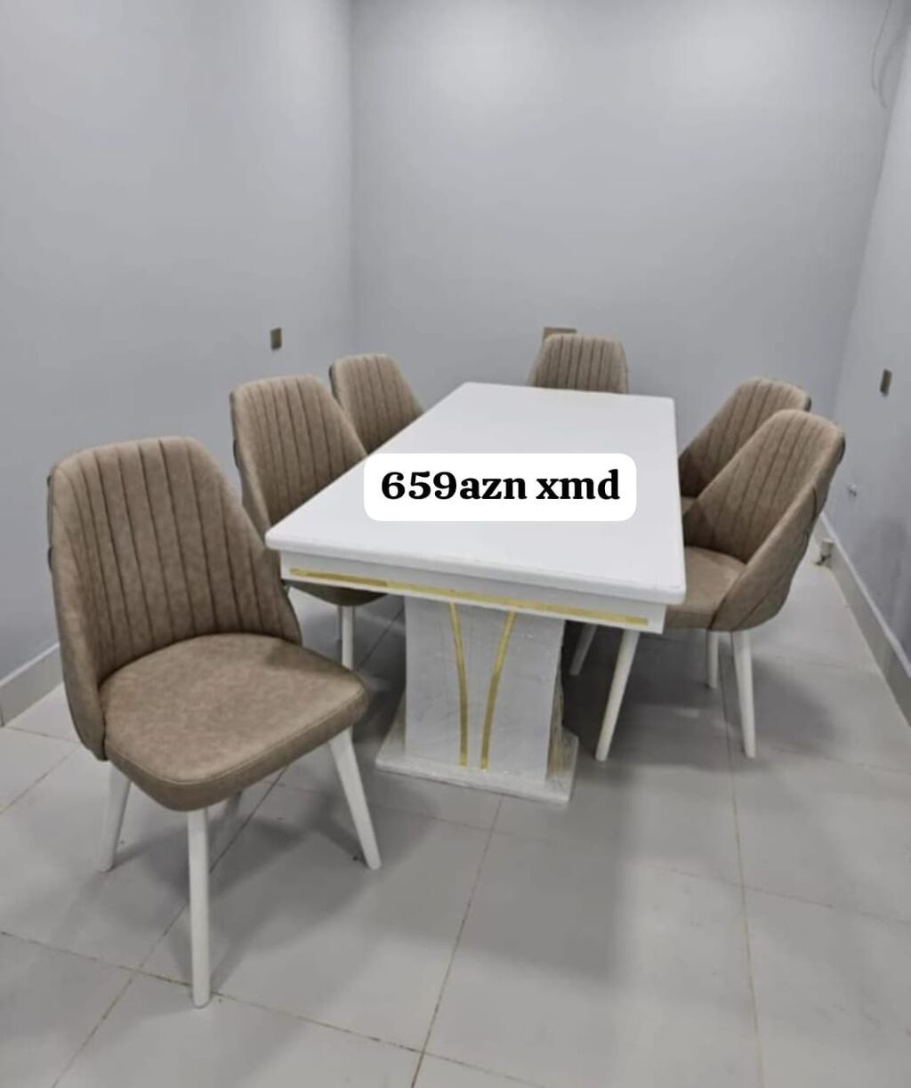 Yemək otağı dəsti – 1 masa + 6 stul - Masa: düzbucaqlı formalı, ağ