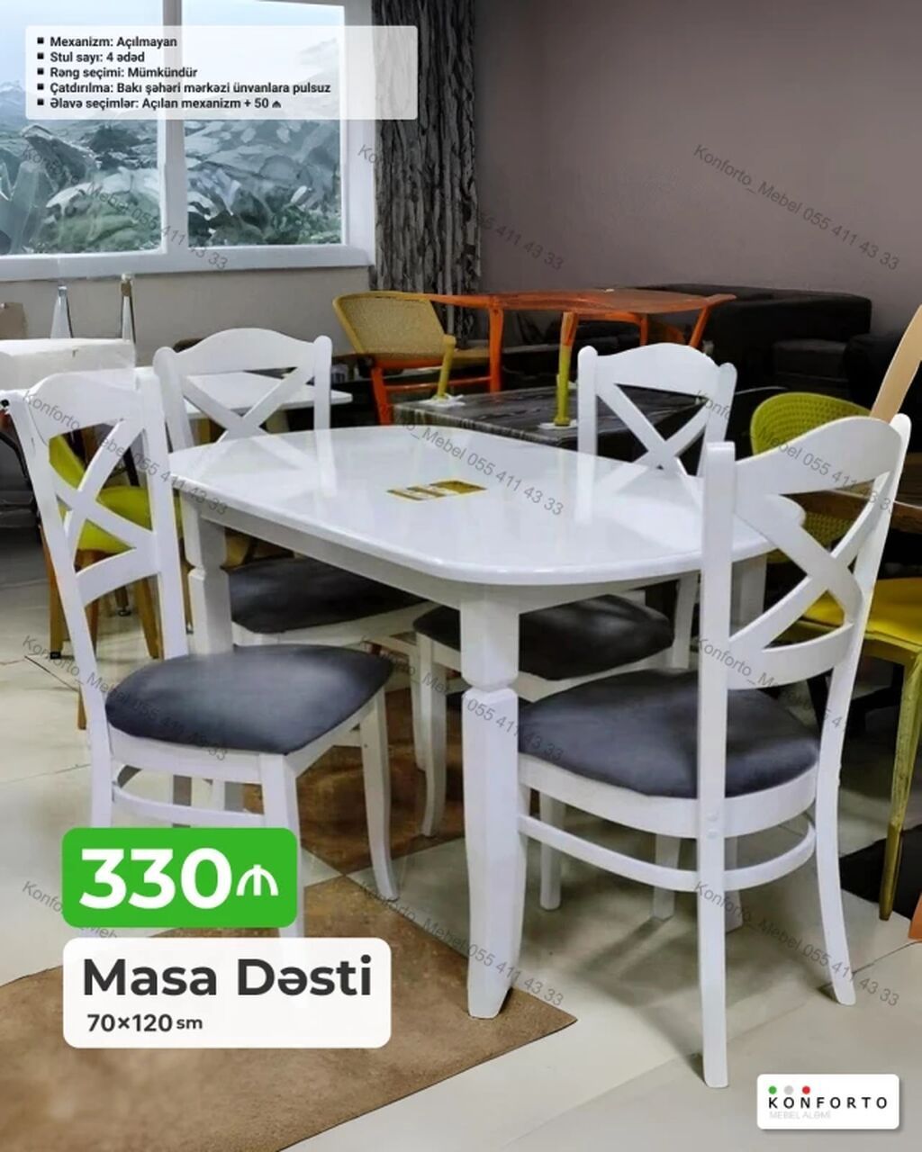 Məhsul: Masa Dəsti - Masa ölçüsü: 70 × 120 sm - Komplekt: 1 masa + 4 — Mebel, Bakı