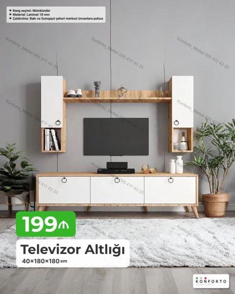 Televizor altlığı və divar rəfli modul dəst Ölçülər: 40×180×180 sm — Konforto Mebel — Тумбы под телевизор и стенды