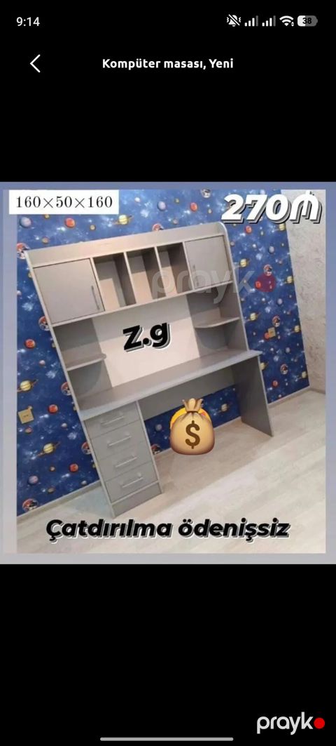 Kompüter masası – ölçülər: 160 × 50 × 160 sm. Rəng: açıq boz. -