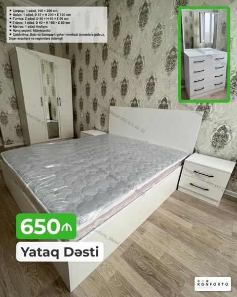 Yataq Dəsti – ağ rəngdə, modern dizayn Dəst tərkibi və ölçülər: -