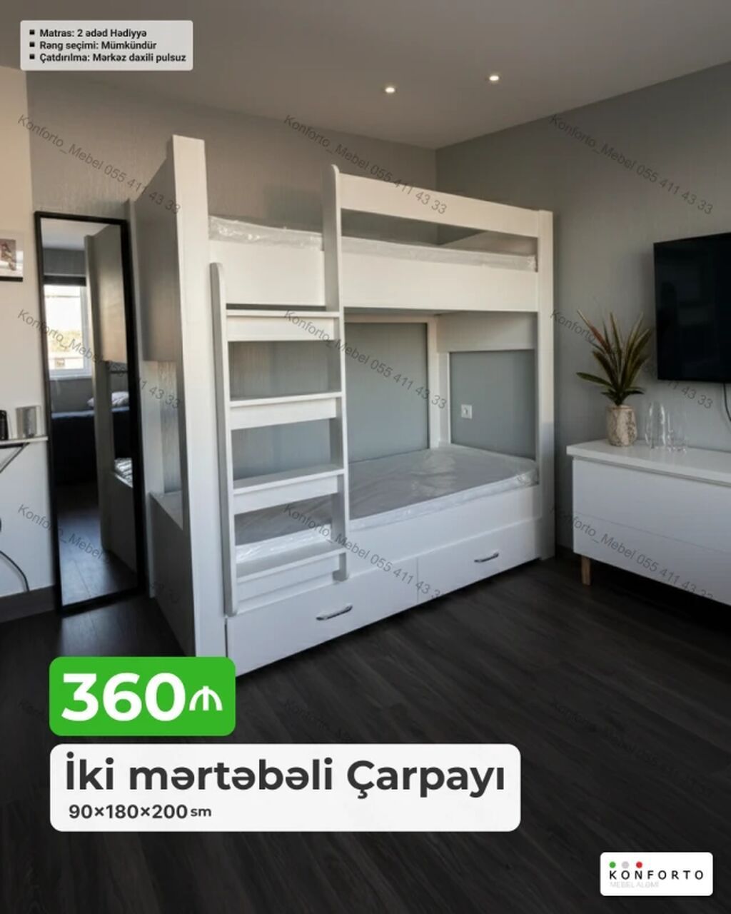 İki mərtəbəli çarpayı – 90×180×200 sm • Dəst: 2 ədəd matras daxildir — Mebel, Bakı