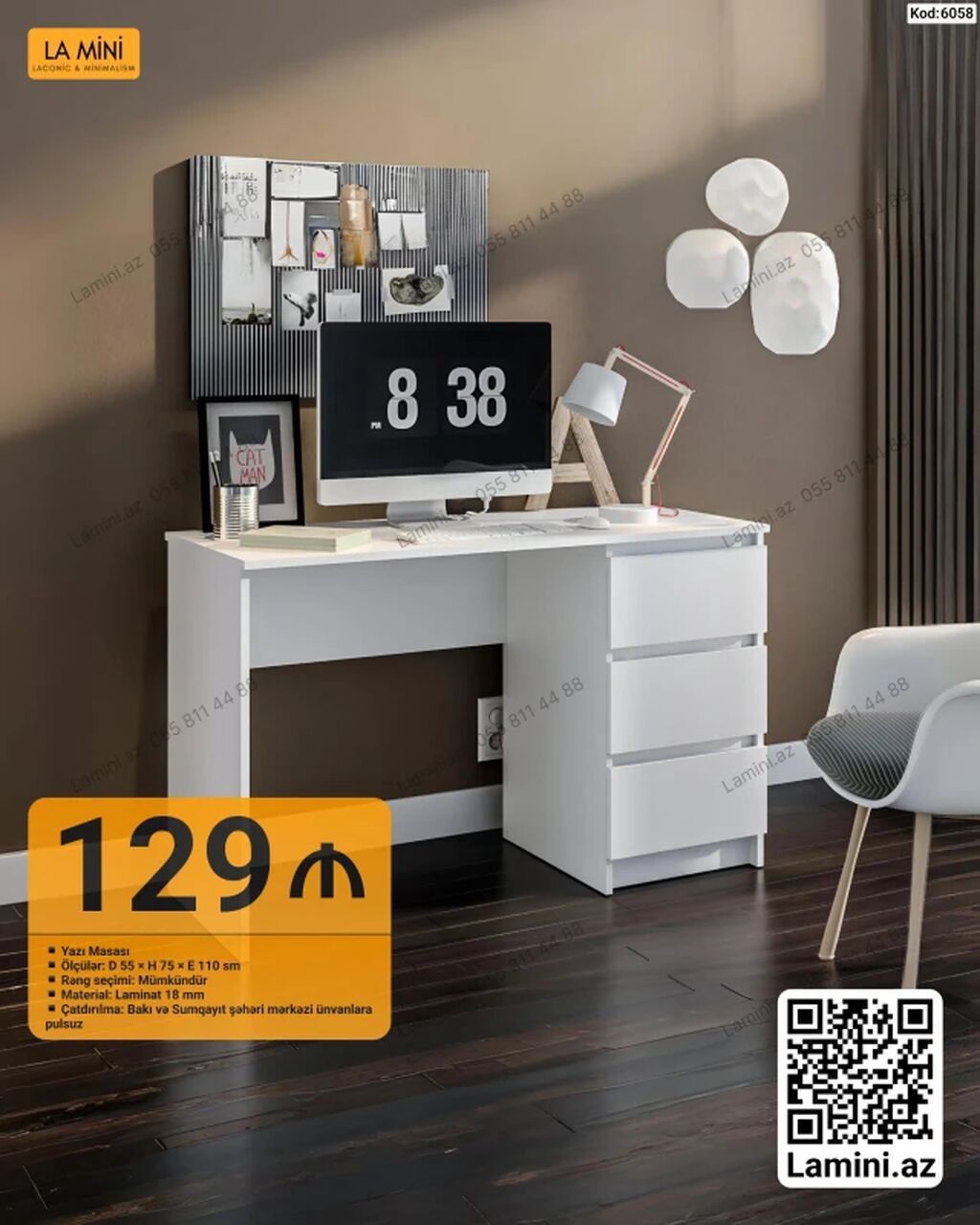 Düz masa, Stulsuz, Polkasız, Siyirməli, Sadə laminat - 1